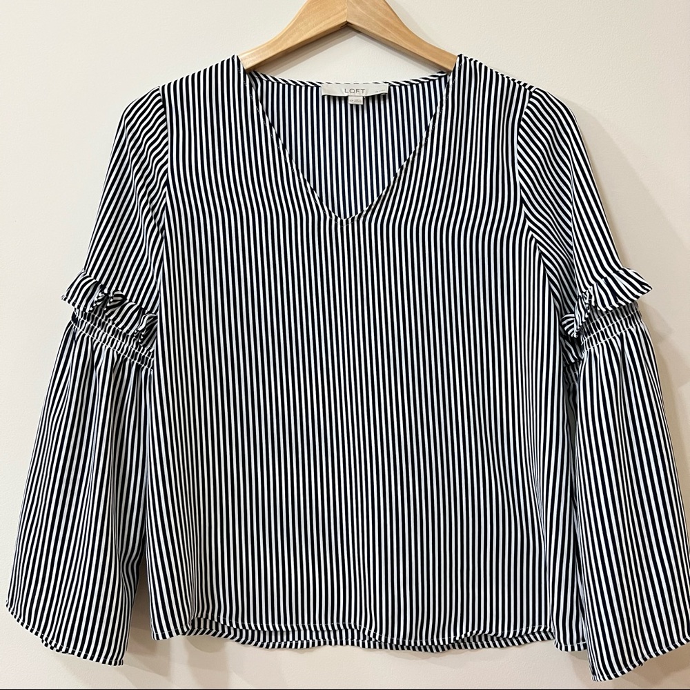 LOFT Women navy stripe blouse with bell sleeves size XSP